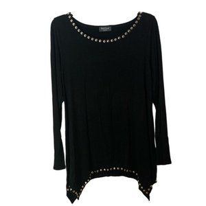 Red Coral Black Loose Long Sleeve Top With Silver Studs